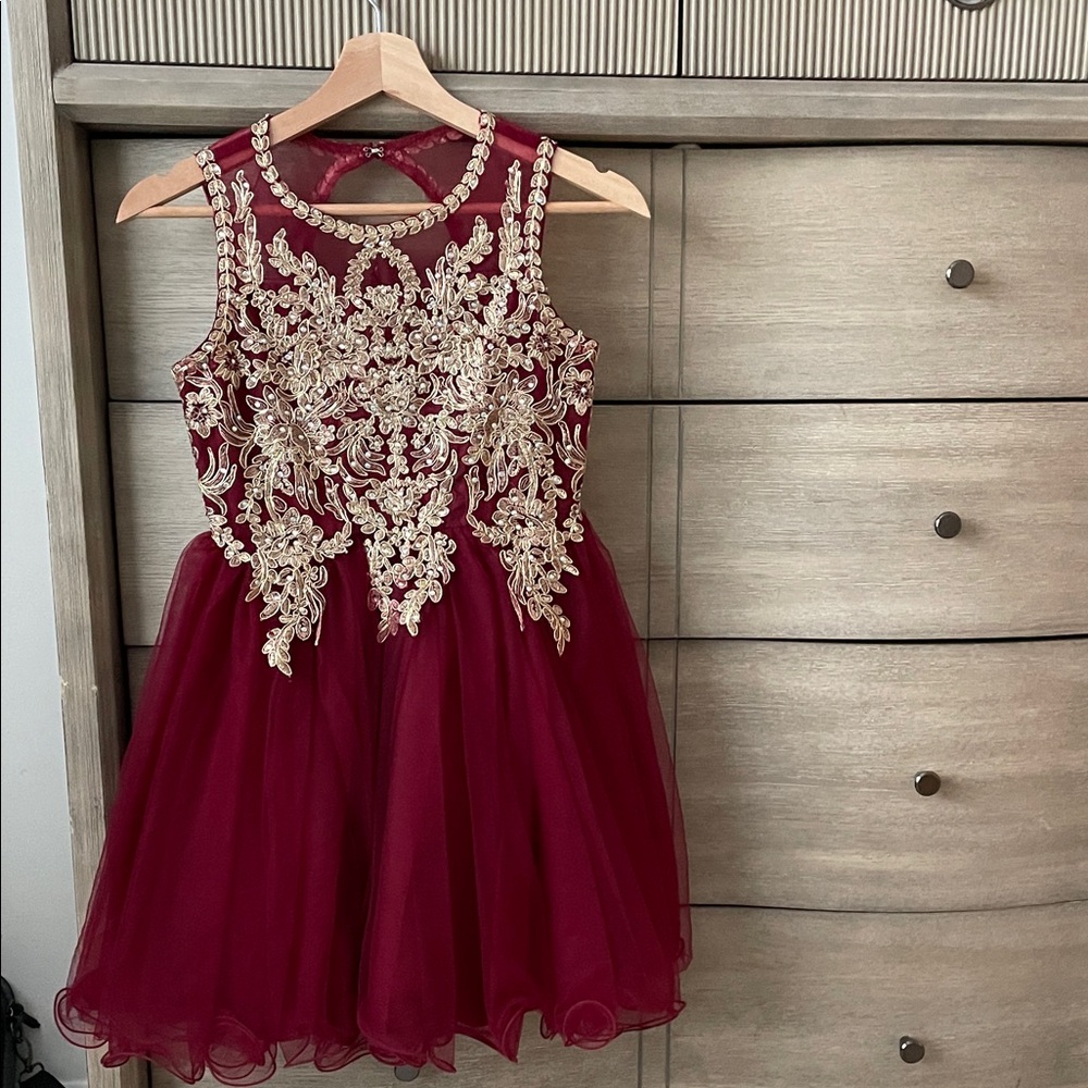 Rare Editions Burgundy Dress with Gold Appliqué